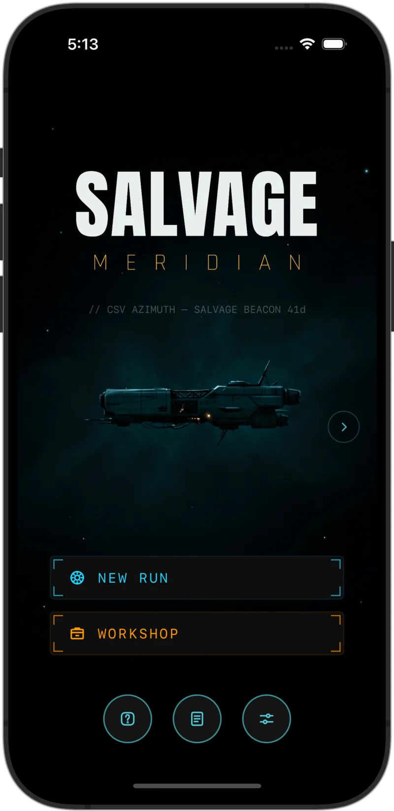 The Salvage: Meridian title screen. The game's logo sits above a derelict station drifting in teal nebula light, with New Run and Workshop as the two options.